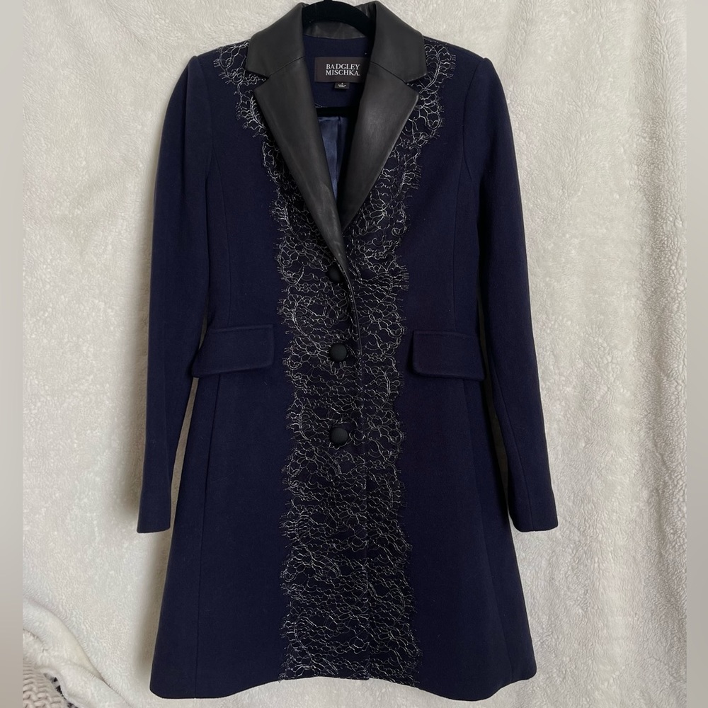 Badgley Mischka Navy Blue Wool Coat with Leather and Trim Silver Embroidered